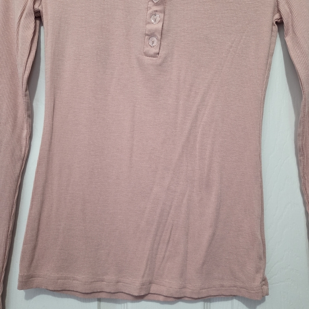 Shein Ribbed Knit Long Sleeve Dusty Pink Slim Fit V Neck Henley Top Size XS - Picture 7 of 12
